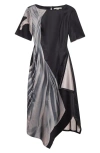 Jason Wu Collection Dancing Pleat Print Short Sleeve Fit And Flare Dress In Black