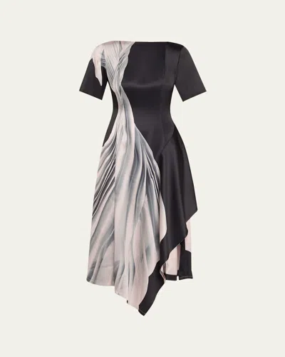 JASON WU COLLECTION DANCING PLEAT SHORT-SLEEVE ASYMMETRIC MIDI DRESS