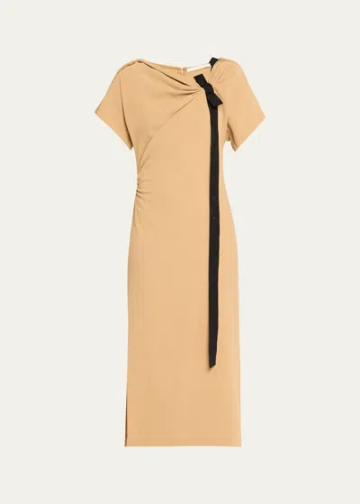 Jason Wu Collection Draped Fluid Crepe Midi Dress With Tie Detail In Latte