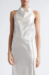 Jason Wu Collection Embellished Cowl Back Washed Twill Halter Top In Gray
