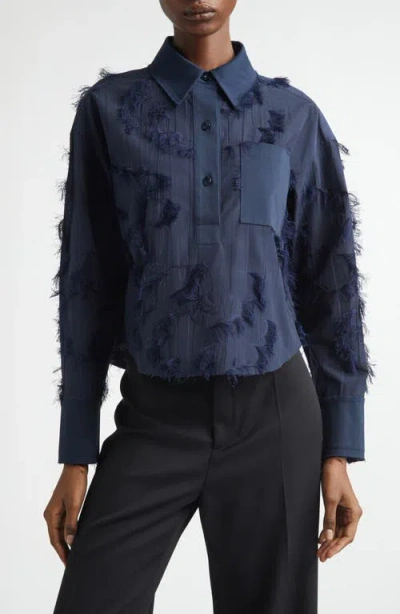 Jason Wu Collection Long Sleeve Fringe Fil Coupe Collared Shirt In Blue
