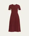 Jason Wu Collection Fisherman-knit Short-sleeve Pleated Midi Dress In Brown