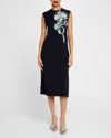 Jason Wu Collection Floral Bead Sequined Midi Wool Dress In Navy