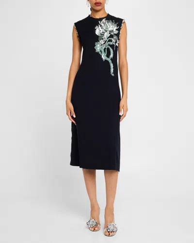 Jason Wu Collection Floral Bead Sequined Midi Wool Dress In Navy
