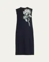 Jason Wu Collection Floral Bead Sequined Midi Wool Dress In Navy