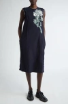 Jason Wu Collection Floral Bead Sequined Midi Wool Dress In Navy