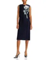 Jason Wu Collection Floral Bead Sequined Midi Wool Dress In Navy