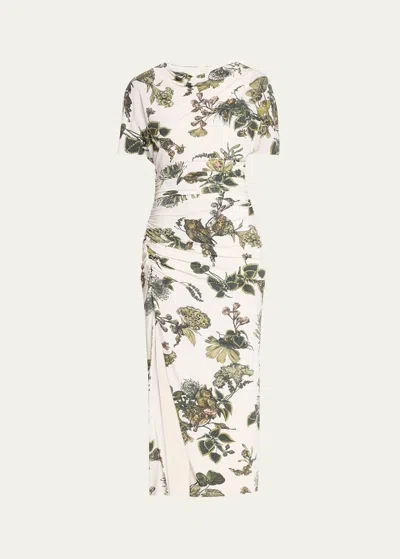 Jason Wu Collection Floral Ruched Jersey Midi Dress With High Slit In Chalk Multi