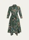 JASON WU COLLECTION FOREST FLORAL BELTED SILK TWILL SHIRTDRESS, GREEN