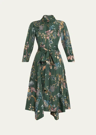 Jason Wu Collection Forest Floral Belted Silk Twill Shirtdress, Green In Emerald Multi