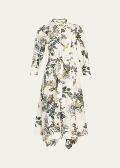 JASON WU COLLECTION FOREST FLORAL BELTED SILK TWILL SHIRTDRESS, WHITE