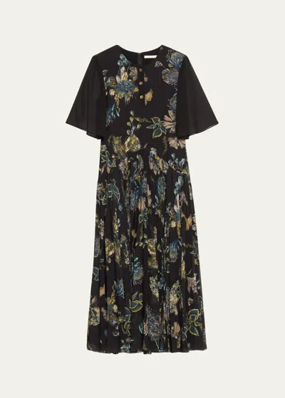 Jason Wu Collection Forest Floral Pleated Drop Waist Midi Dress In Black Multi