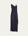 Jason Wu Collection Frayed Jacquard Paneled Backless Bias Gown With Raw Edges In Navy
