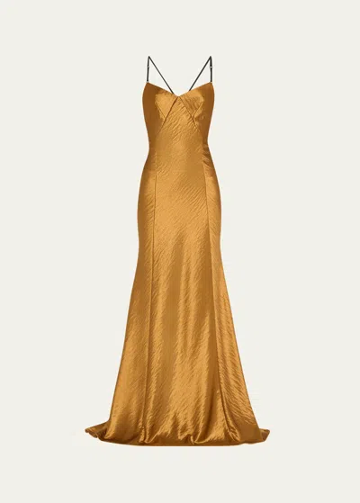 Jason Wu Collection Hammered Satin Backless Gown In Burnished Gold
