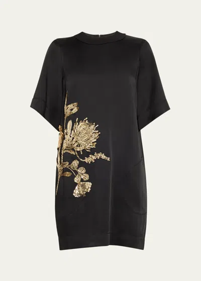 Jason Wu Collection Hammered Satin Mini Shift Dress With Floral Embellished Details In Black
