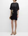 JASON WU COLLECTION HAMMERED SATIN MINI SHIFT DRESS WITH FLORAL EMBELLISHED DETAILS