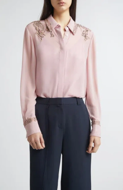 Jason Wu Collection Lace Trim Georgette Button-up Shirt In Brown