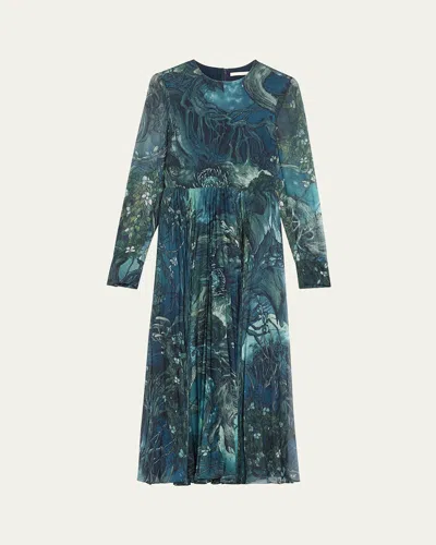 Jason Wu Collection Long-sleeve Pleated Chiffon Midi Dress In Lapis Multi