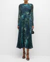 Jason Wu Collection Long-sleeve Pleated Chiffon Midi Dress In Lapis Multi