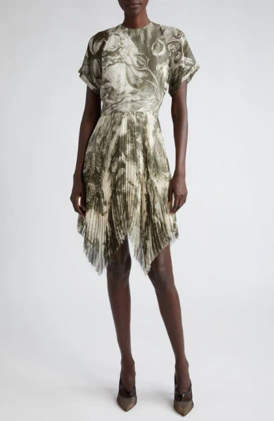 Jason Wu Collection Oceanscape Print Asymmetric Chiffon Dress In Cream/ Deep Olive