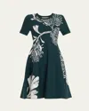 Jason Wu Collection Pincushion Floral Knit Flared Midi Dress In Hunter Green Chalk
