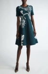 Jason Wu Collection Pincushion Forest Print Knit Fit & Flare Dress In Hunter Green/ Chalk