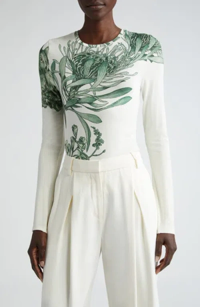 Jason Wu Collection Pincushion Floral-printed Jersey Long-sleeve Top In Chalk Emerald