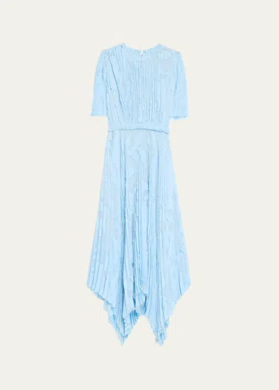 Jason Wu Collection Pleated Floral Fil Coupe Long Handkerchief Dress In Sky Blue