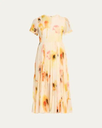 Jason Wu Collection Pleated Watercolor-print Midi Dress In Yellow