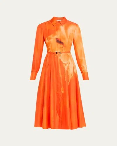 Jason Wu Collection Pleated Watercolor-print Silk Midi Shirtdress In Orange