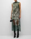 JASON WU COLLECTION PRINTED ORGANZA SLEEVELESS MIDI DRESS WITH CRINKLE FOIL LINING