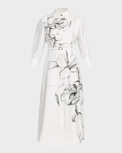 Jason Wu Collection Shadow Floral Silk Belted Midi Shirtdress In Black