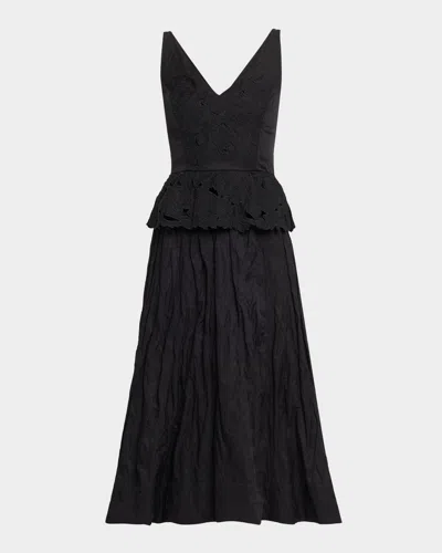 Jason Wu Collection Sleeveless Floral Embroidered Peplum Midi Dress In Black