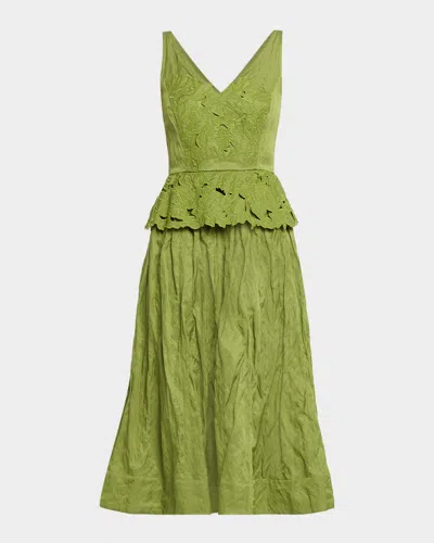 Jason Wu Collection Sleeveless Floral Embroidered Peplum Midi Dress In Green
