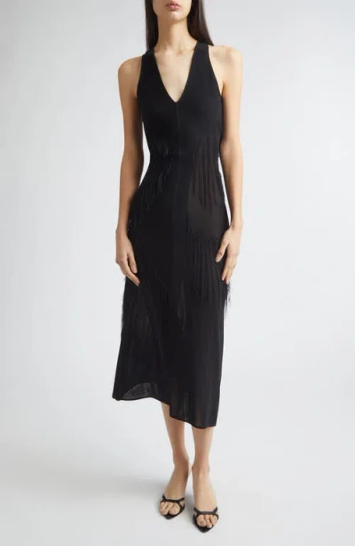 Jason Wu Collection Sleeveless Fringe Knit V-neck Midi Dress In Black