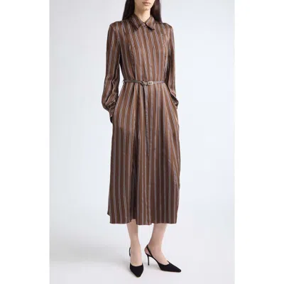 Jason Wu Collection Stripe Long Sleeve Satin Midi Shirtdress In Brown