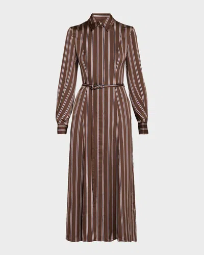 Jason Wu Collection Striped Satin Long-sleeve Belted Midi Shirtdress In Brown