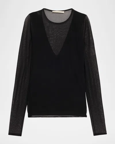 Jason Wu Collection V-neck Long-sleeve Sheer Knit Top In Black