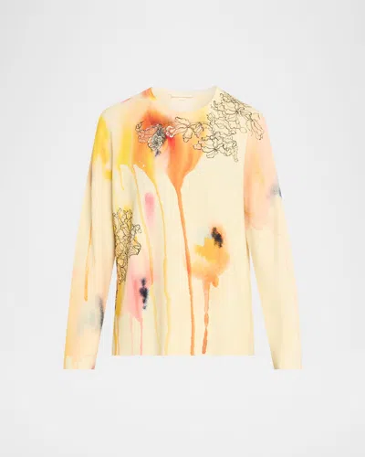 Jason Wu Collection Watercolor Floral Lace Applique Wool Sweater In Yellow