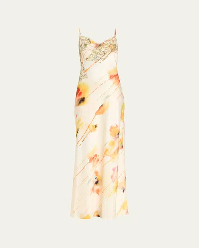 Jason Wu Collection Watercolor Floral Lace-trim Slip Gown In Yellow