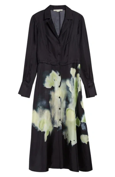 Jason Wu Collection Watercolor Floral Print Long Sleeve Silk Shirtdress In Black