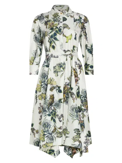 Jason Wu Collection Forest Floral Belted Silk Twill Shirtdress, White In Chalk Multi