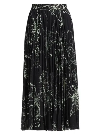 Jason Wu Collection Pleated Scribble Floral Chiffon Midi Skirt In Black