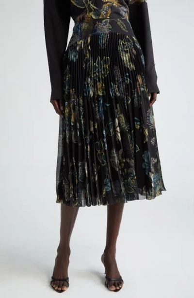 Jason Wu Forest Print Pleated Chiffon Skirt In Black/ Multi