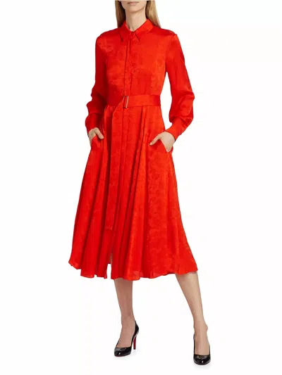 Jason Wu Long Sleeve Pleated Shirtdress With Belt In Coral In Pink
