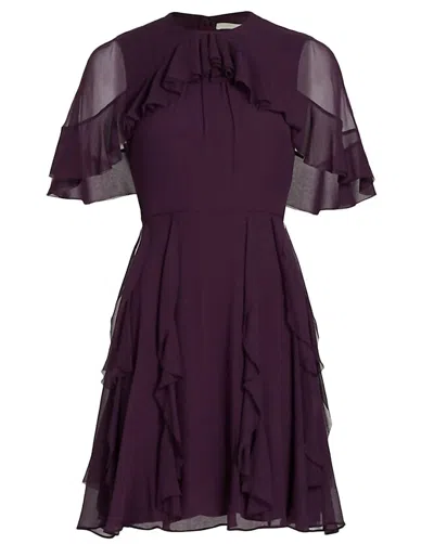 Jason Wu Short Sleeve Chiffon Dress With Cape & Ruff In Plum In Purple