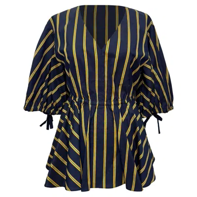 Pre-owned Jason Wu Striped Poplin Peplum Top In Navy Blue Polyester