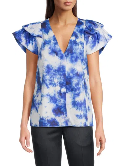 Jason Wu Women's Abstract-print Flutter-sleeve Blouse In Indigo Multi