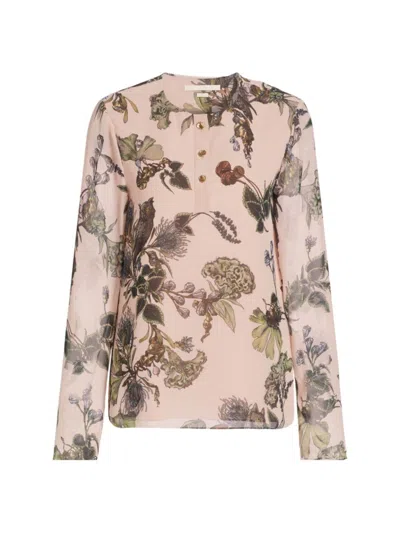 Jason Wu Women's Semi-sheer Forest Floral Henley Top In Rose Pink Multi