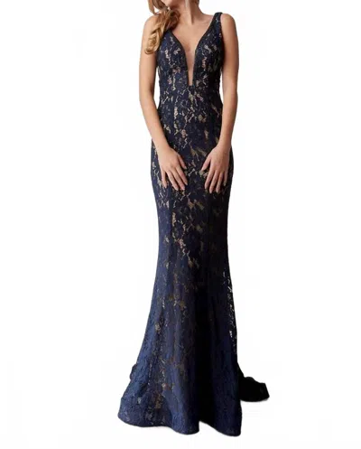 Jasz Couture Beaded Lace Deep V-neck Sheath Dress In Navy Nude In Blue